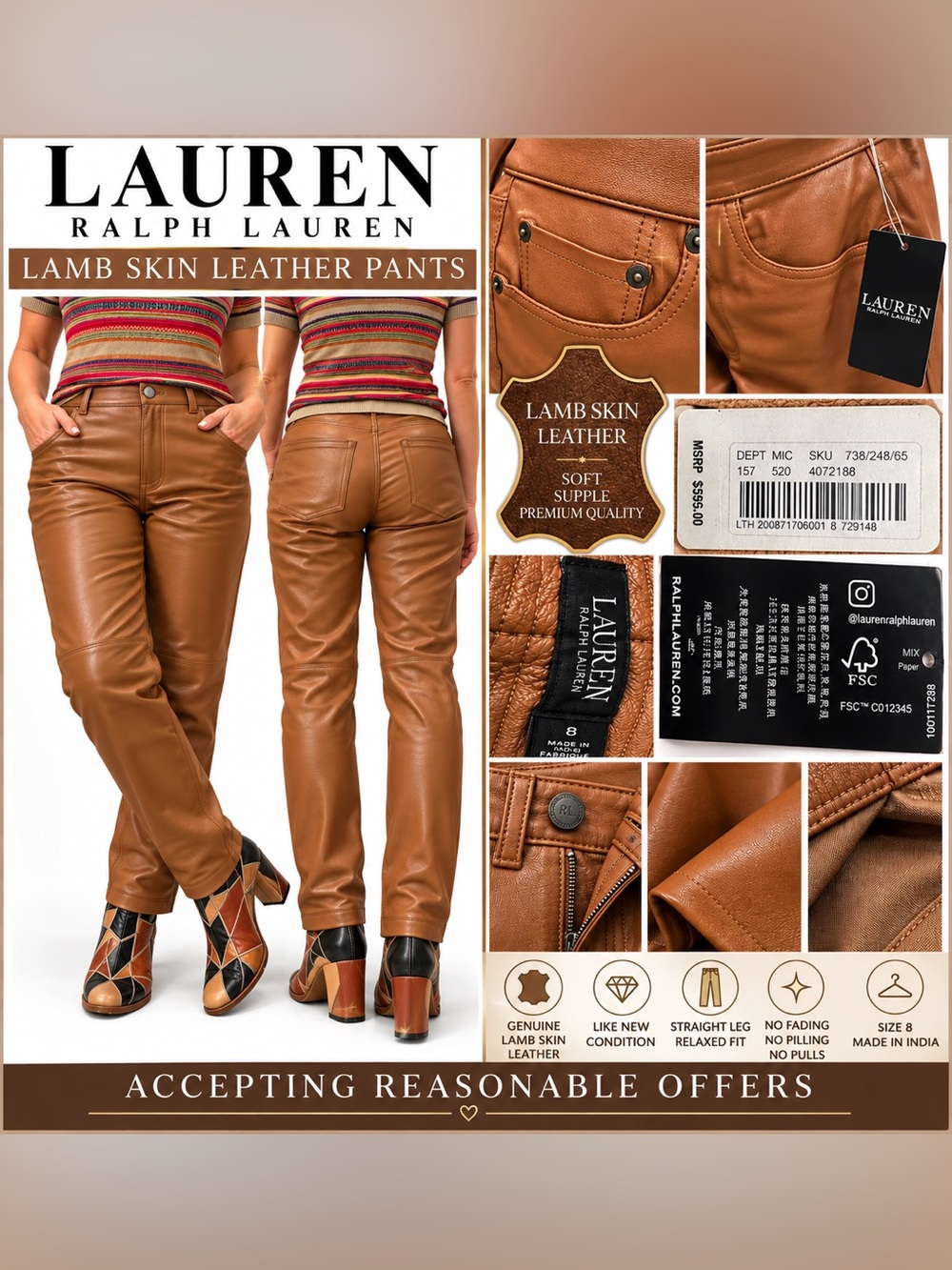 Lauren Ralph Lauren Lambskin Leather Pants Cognac Brown Size 8 NWT